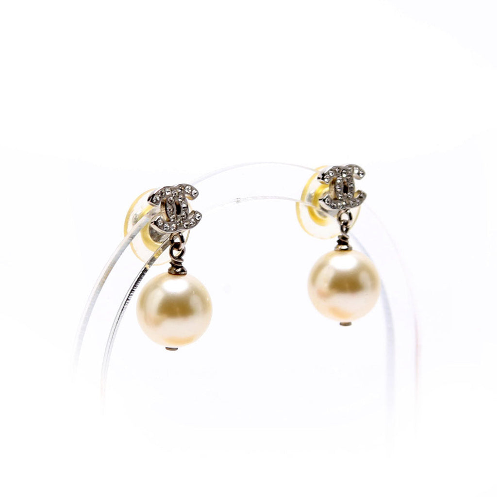 Crystal CC Pearl Drop Earrings Silver