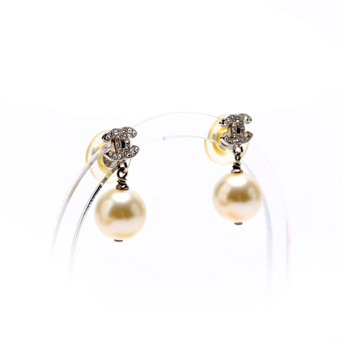Crystal CC Pearl Drop Earrings Silver