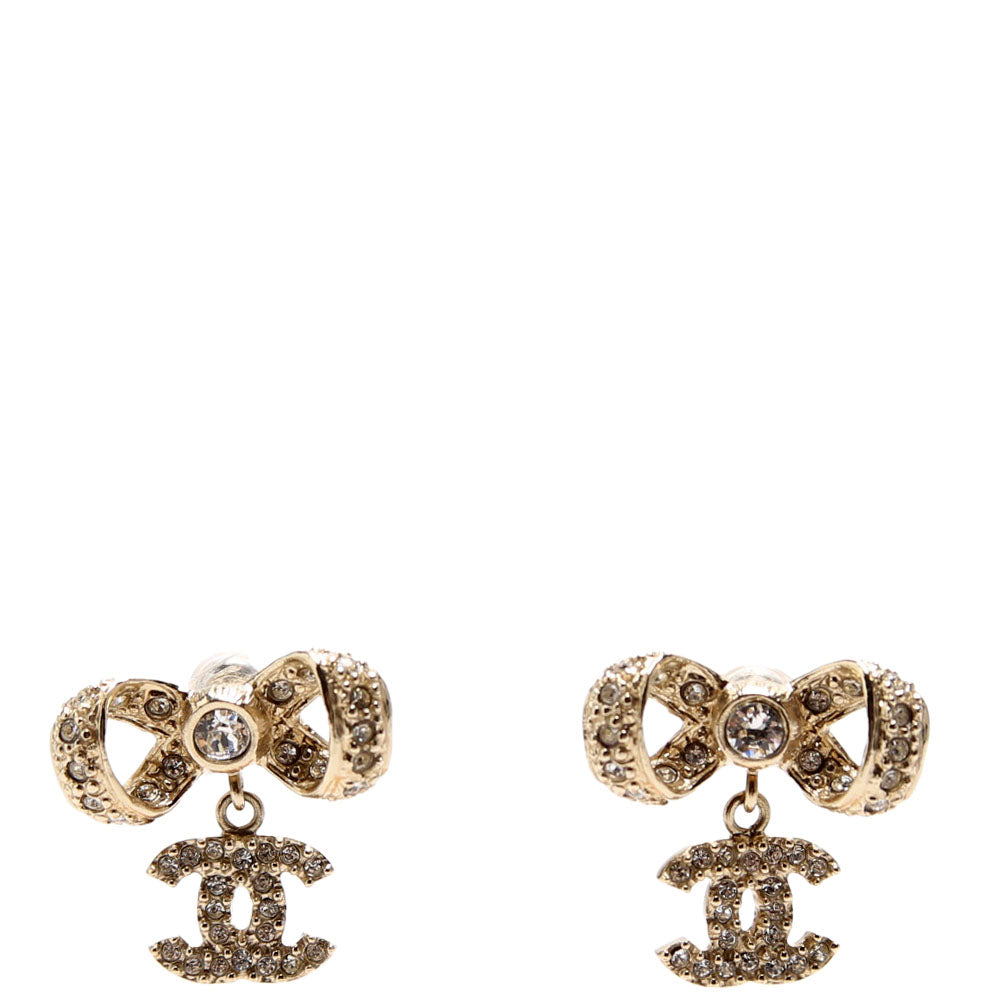 Crystal Bow CC Drop Earrings Gold