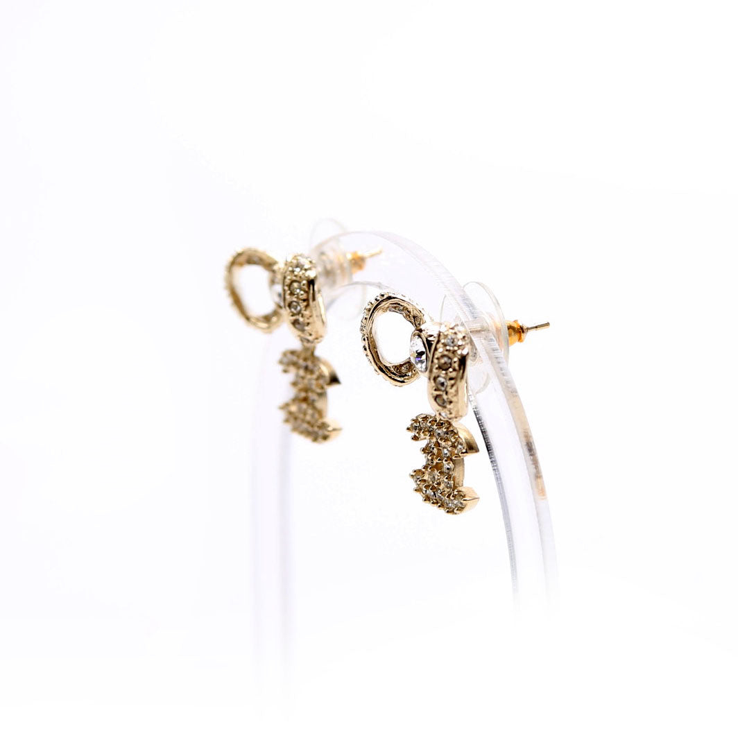 Crystal Bow CC Drop Earrings Gold