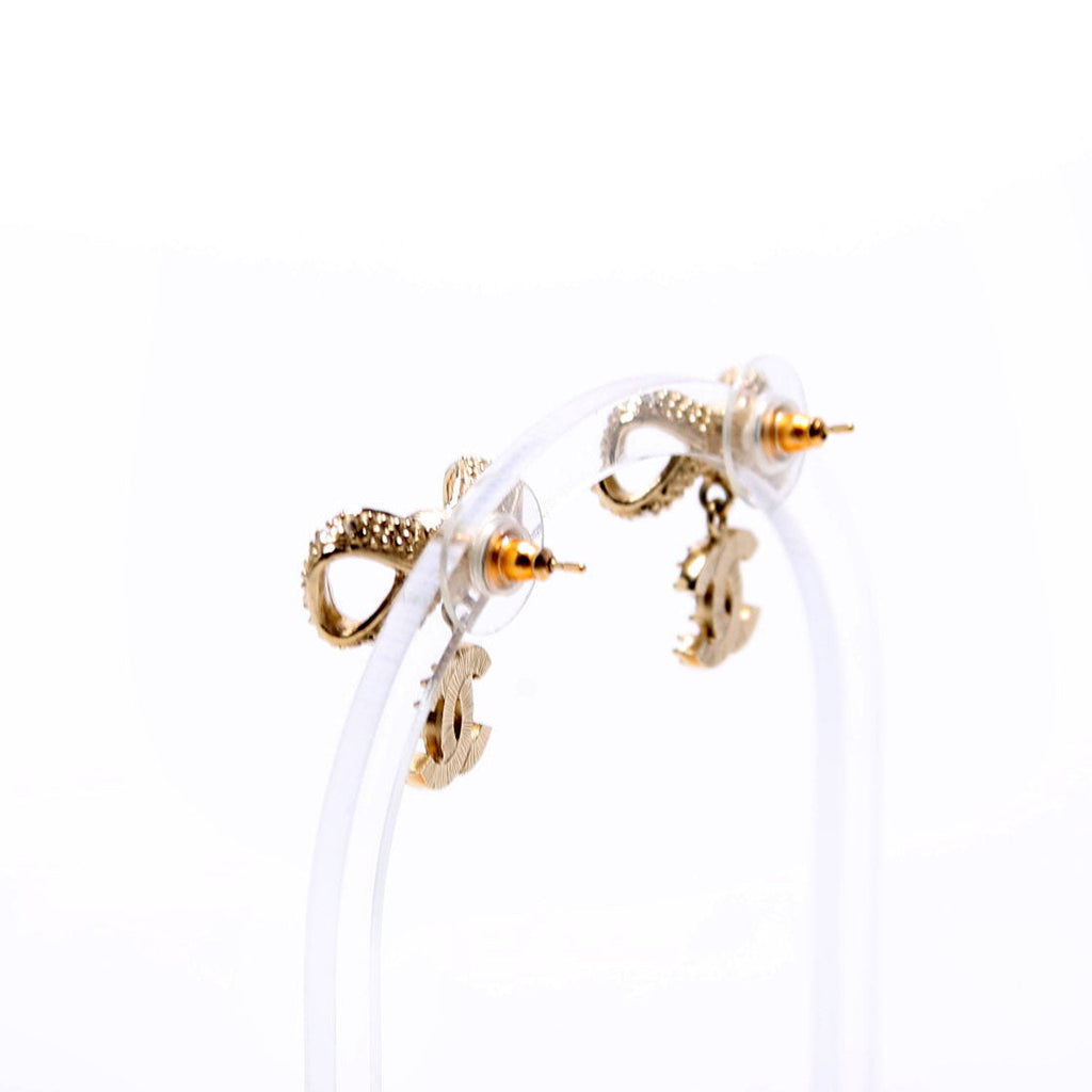 Crystal Bow CC Drop Earrings Gold