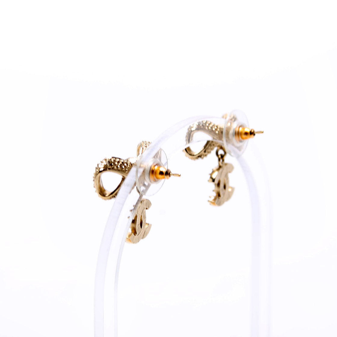 Crystal Bow CC Drop Earrings Gold