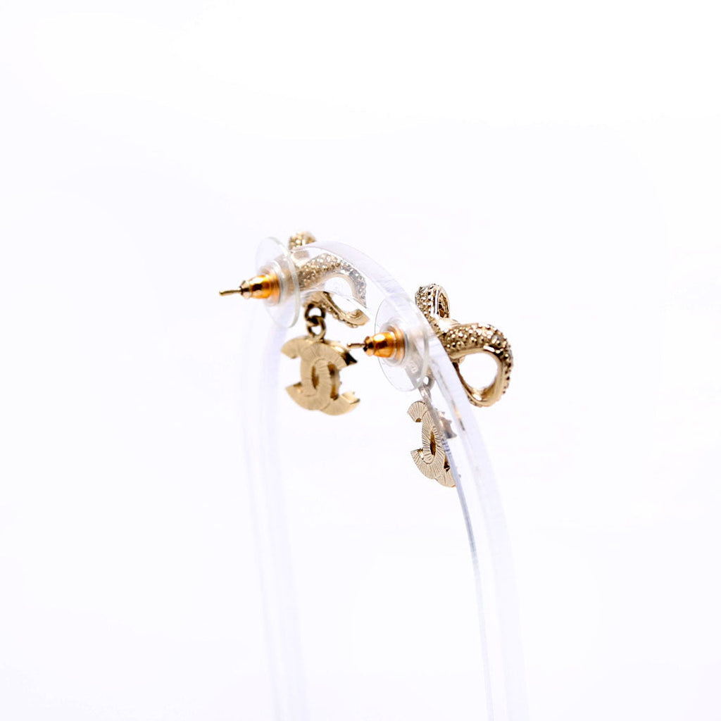 Crystal Bow CC Drop Earrings Gold