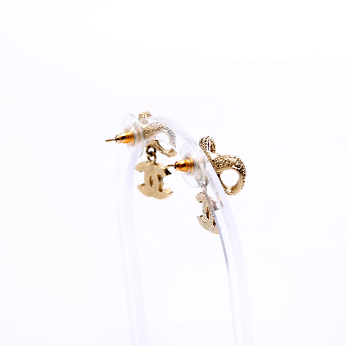 Crystal Bow CC Drop Earrings Gold