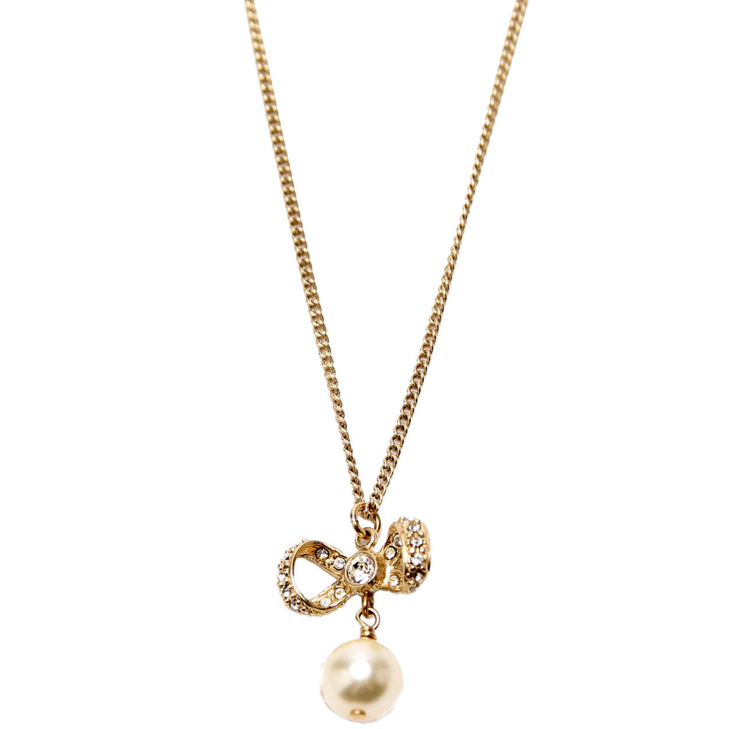 Crystal Bow CC Pearl Drop Necklace Gold