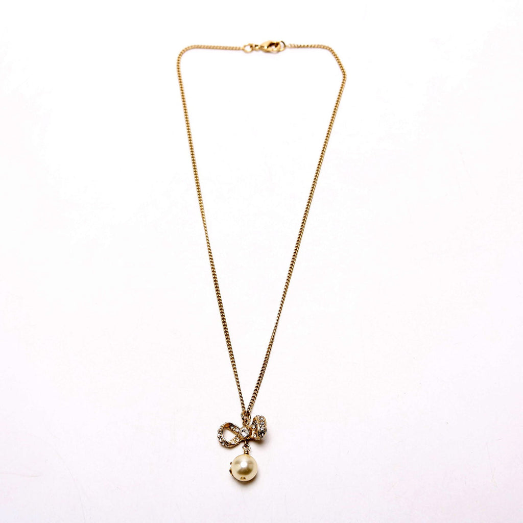 Crystal Bow CC Pearl Drop Necklace Gold