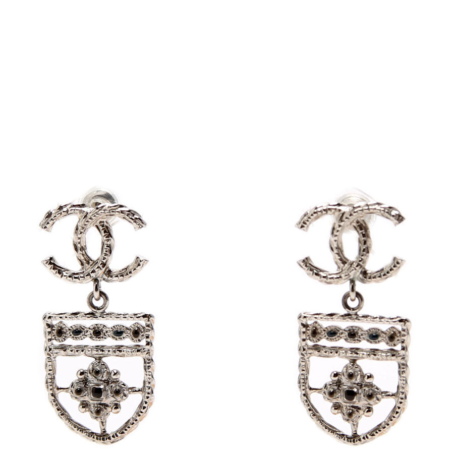 CC Shield Drop Silver Earrings