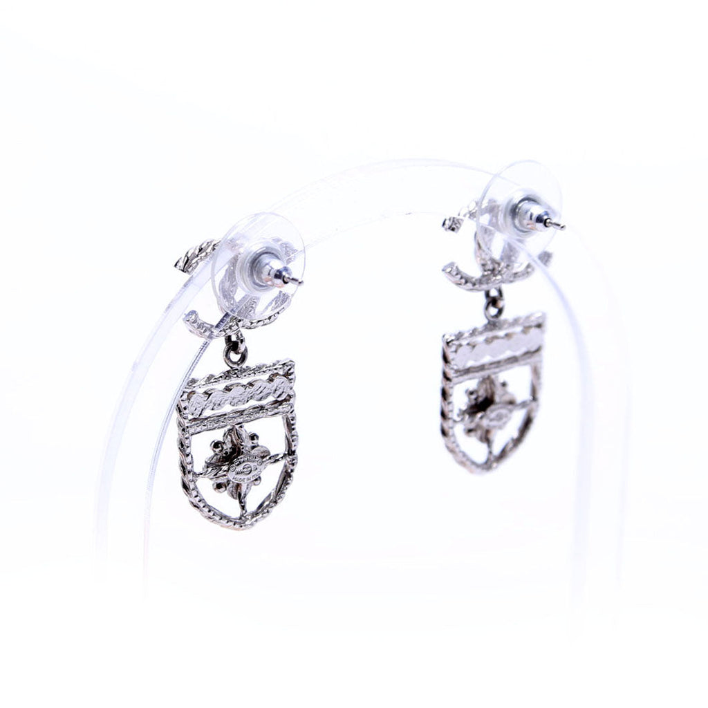 CC Shield Drop Silver Earrings