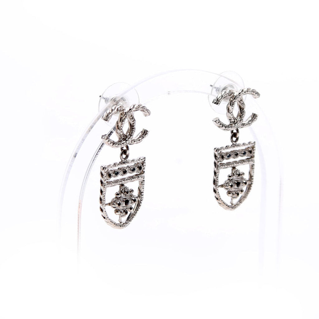 CC Shield Drop Silver Earrings