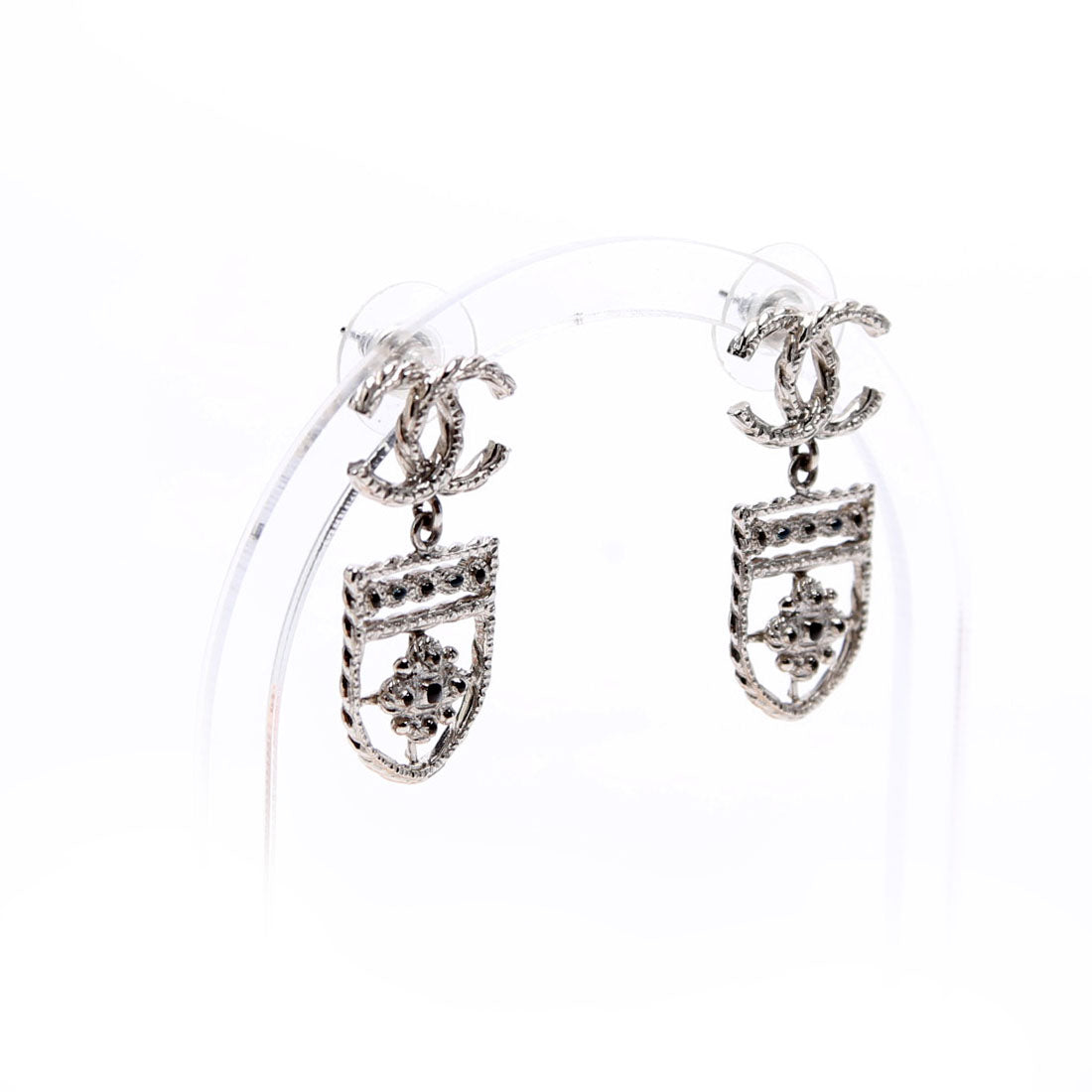 CC Shield Drop Silver Earrings