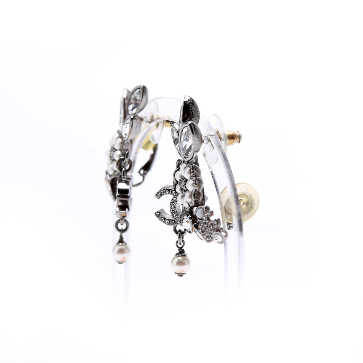 Crystal Pearly Flower Cluster Drop Silver/Pearl