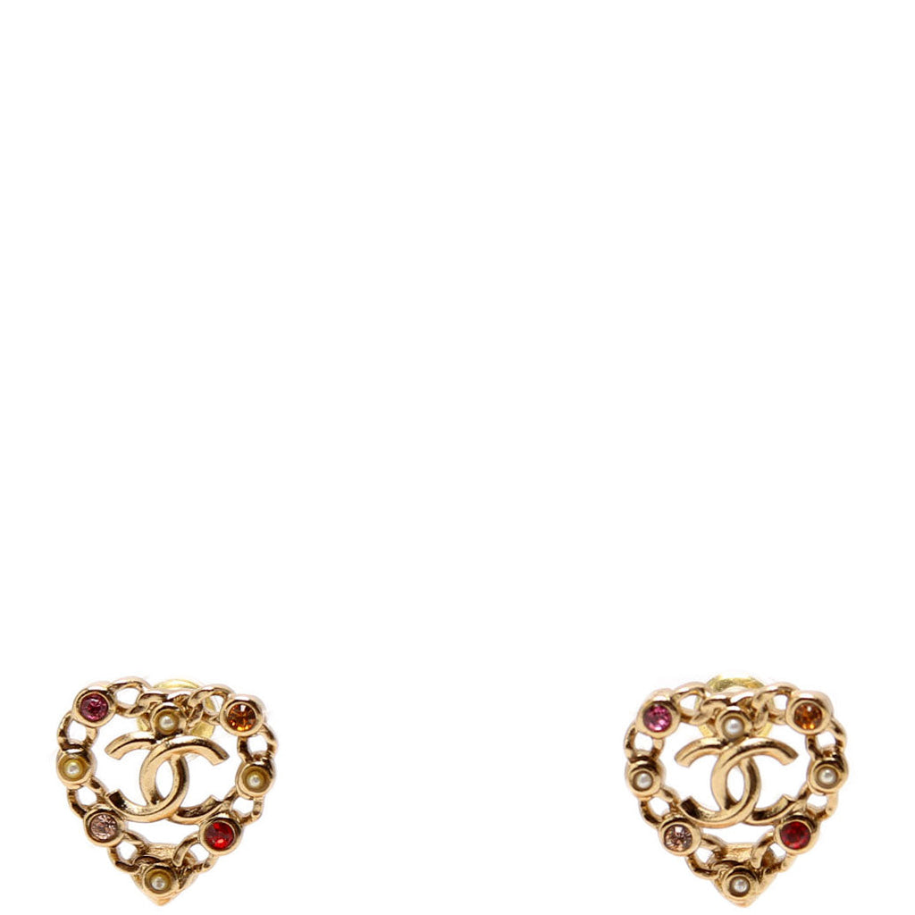 CC Pearl/Crystal Chain Link Heart Stud Earrings Gold/Multicolor