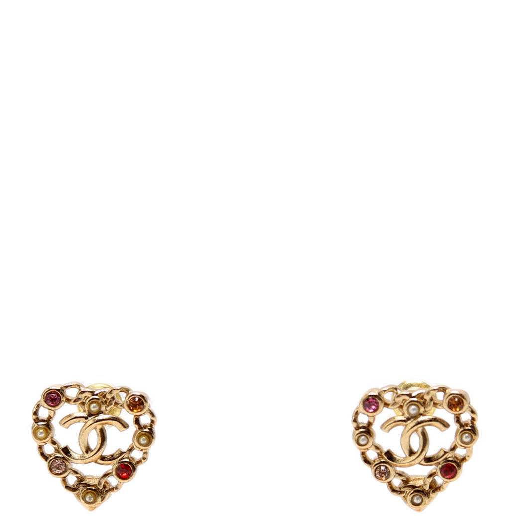CC Pearl/Crystal Chain Link Heart Stud Earrings Gold/Multicolor