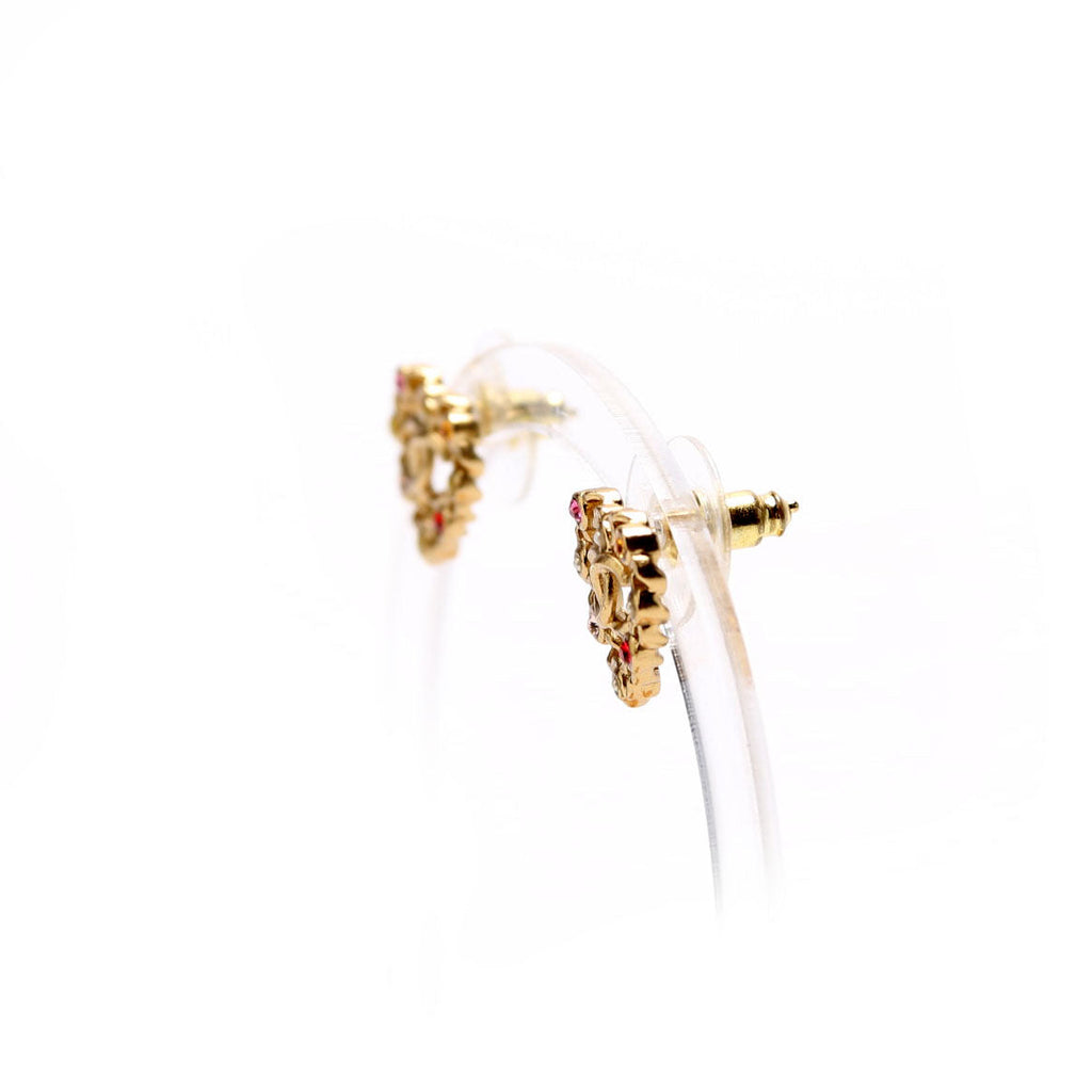 CC Pearl/Crystal Chain Link Heart Stud Earrings Gold/Multicolor
