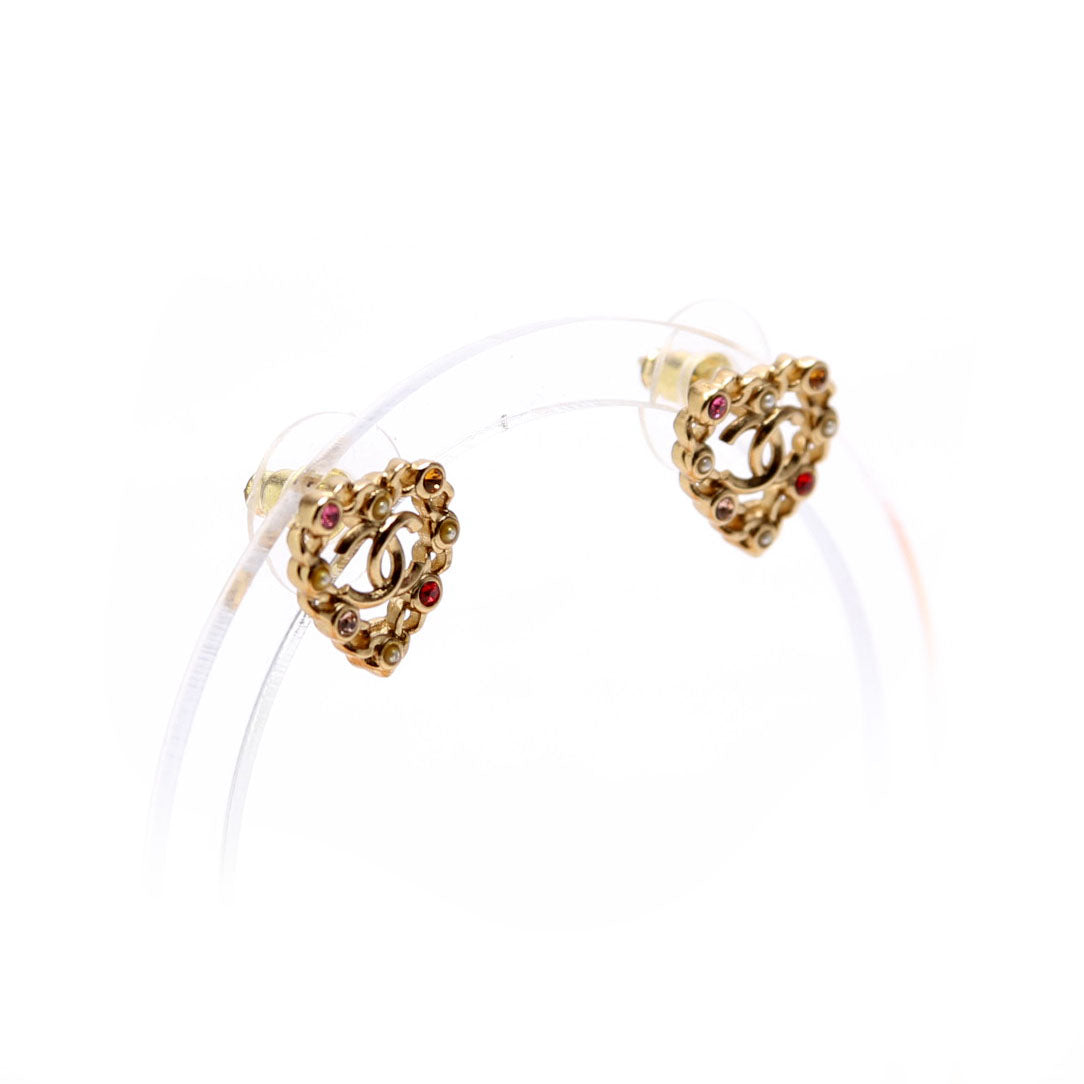 CC Pearl/Crystal Chain Link Heart Stud Earrings Gold/Multicolor