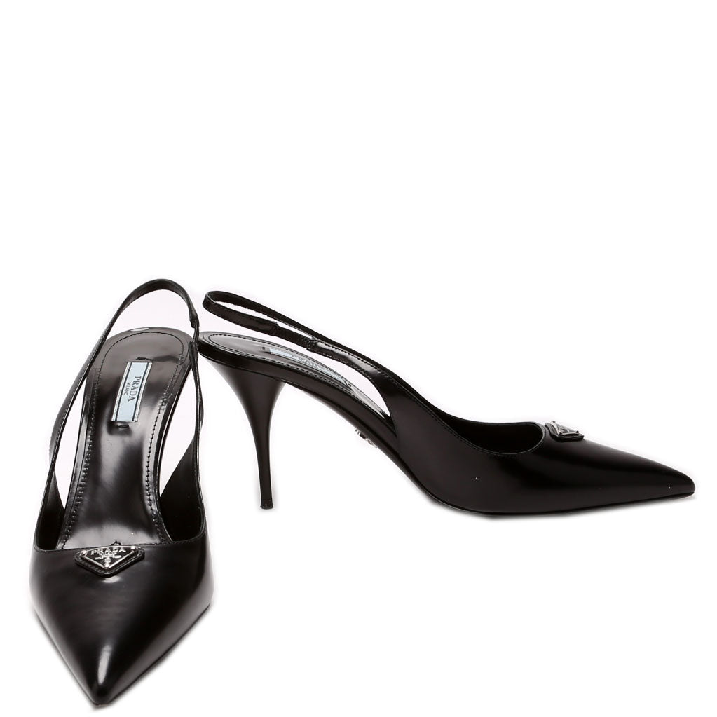 Triangle Logo Leather Sling Back Pumps Size 40 Black
