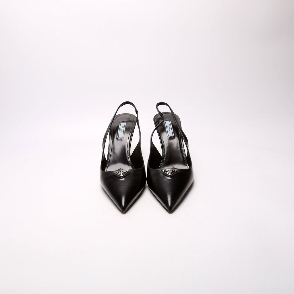 Triangle Logo Leather Sling Back Pumps Size 40 Black