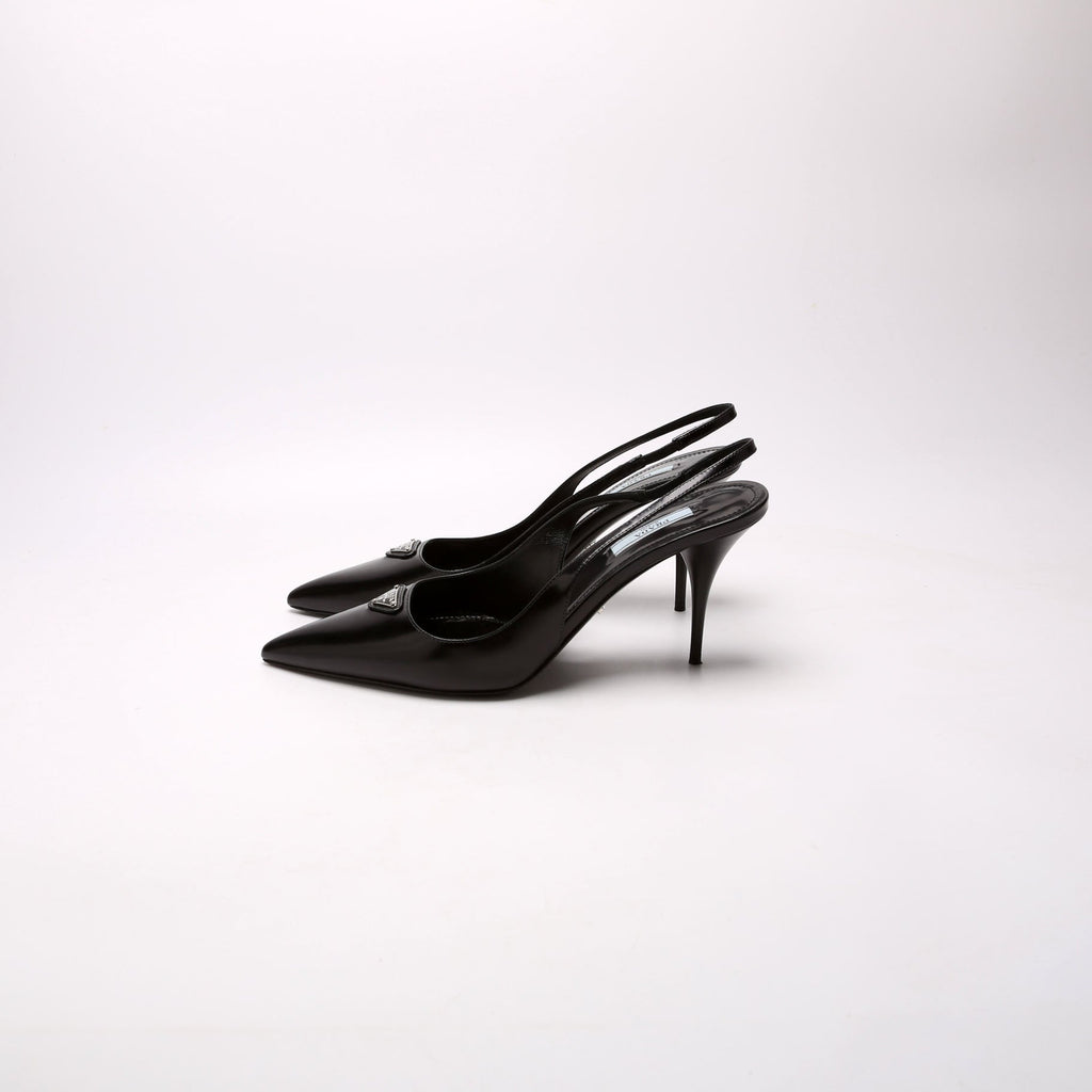 Triangle Logo Leather Sling Back Pumps Size 40 Black