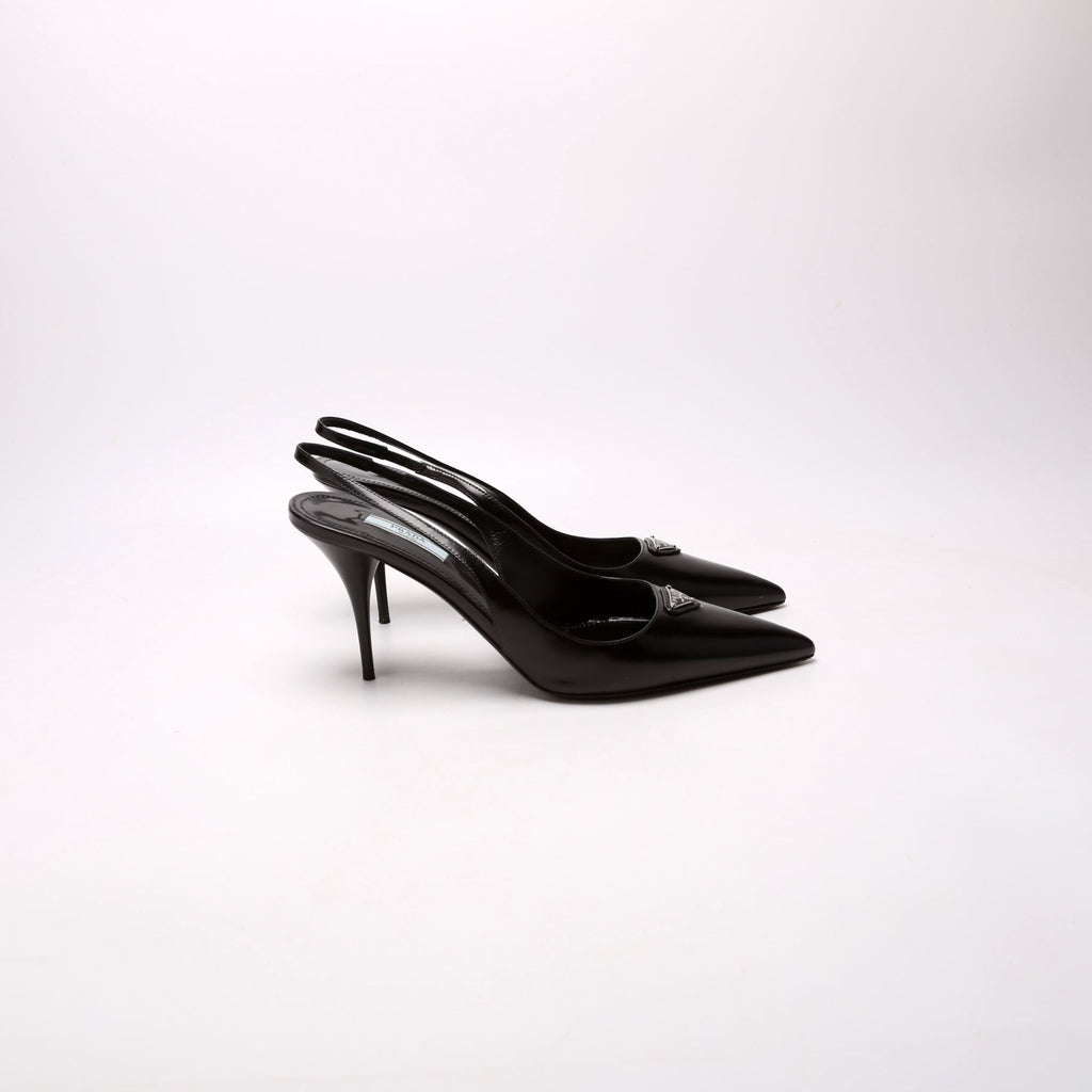 Triangle Logo Leather Sling Back Pumps Size 40 Black