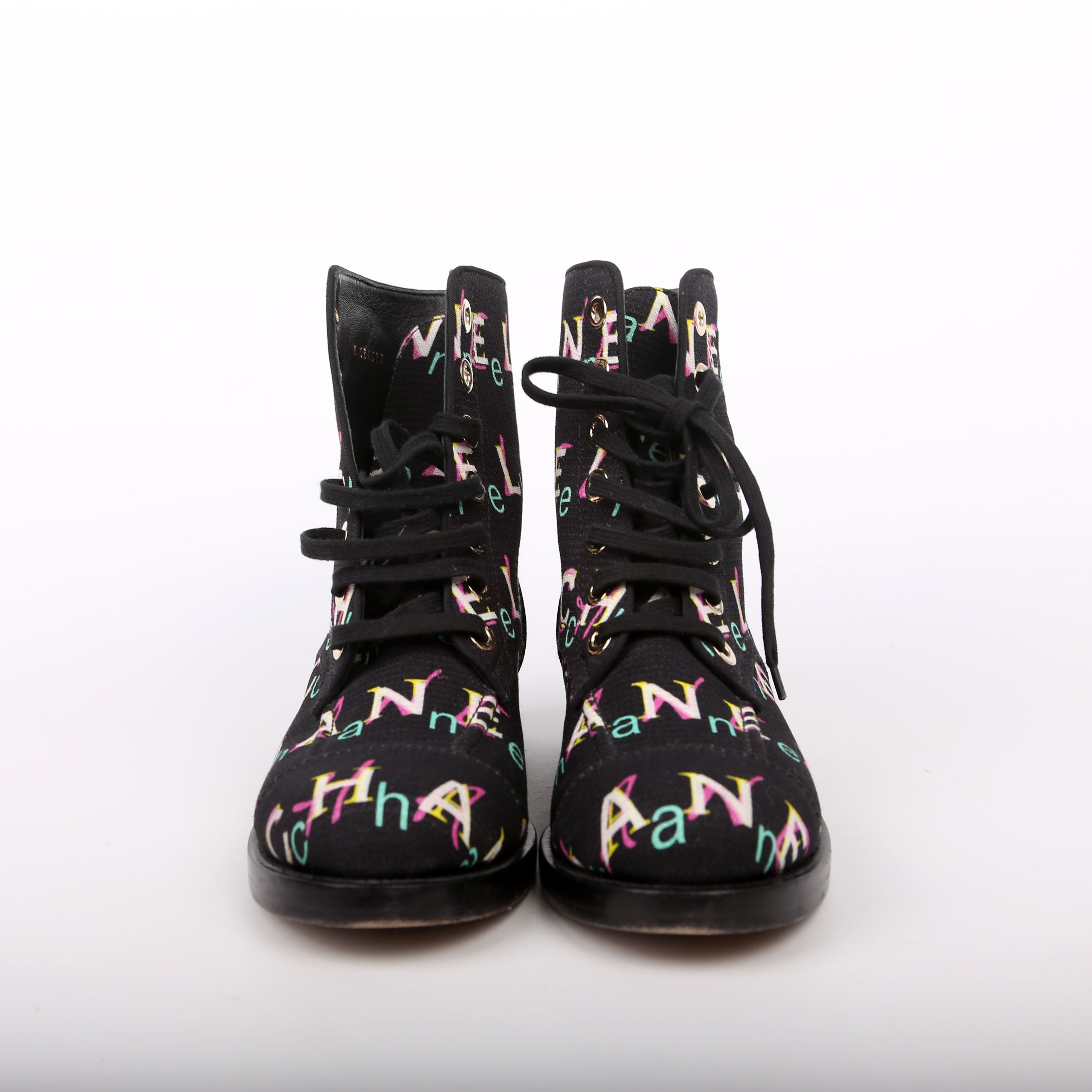 Tweed Logo Lace-Up Boots Size 37.5 Black/Multicolor