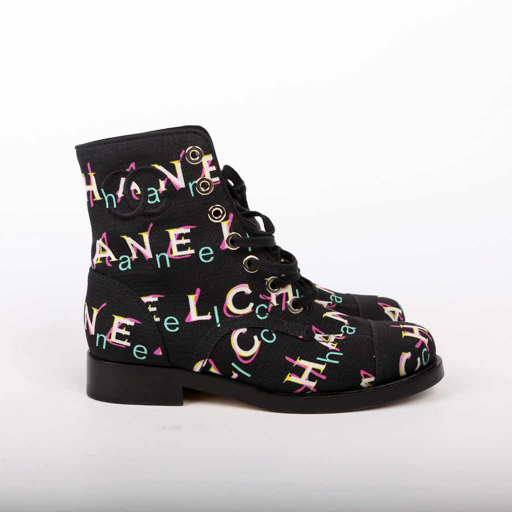 Tweed Logo Lace-Up Boots Size 37.5 Black/Multicolor