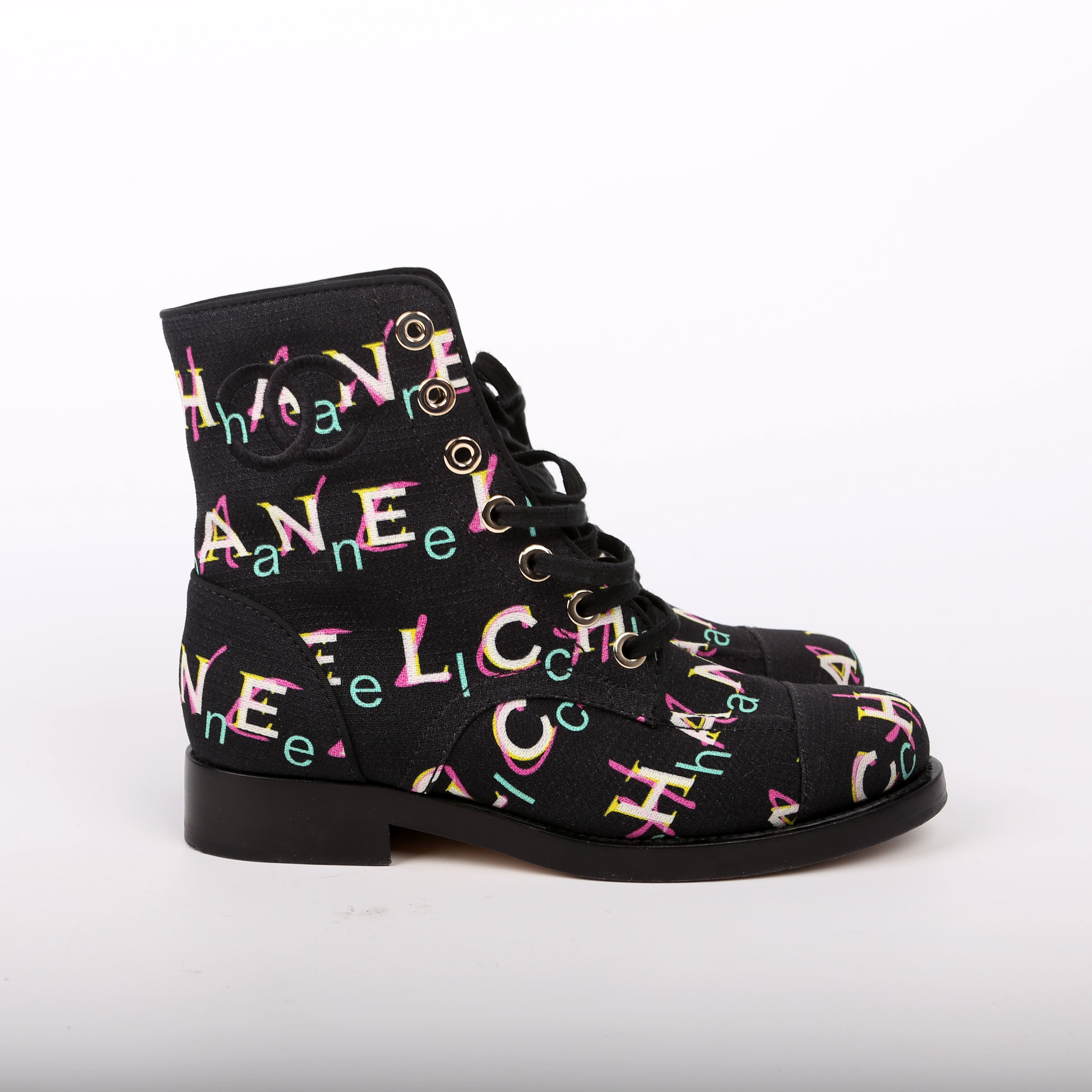 Tweed Logo Lace-Up Boots Size 37.5 Black/Multicolor