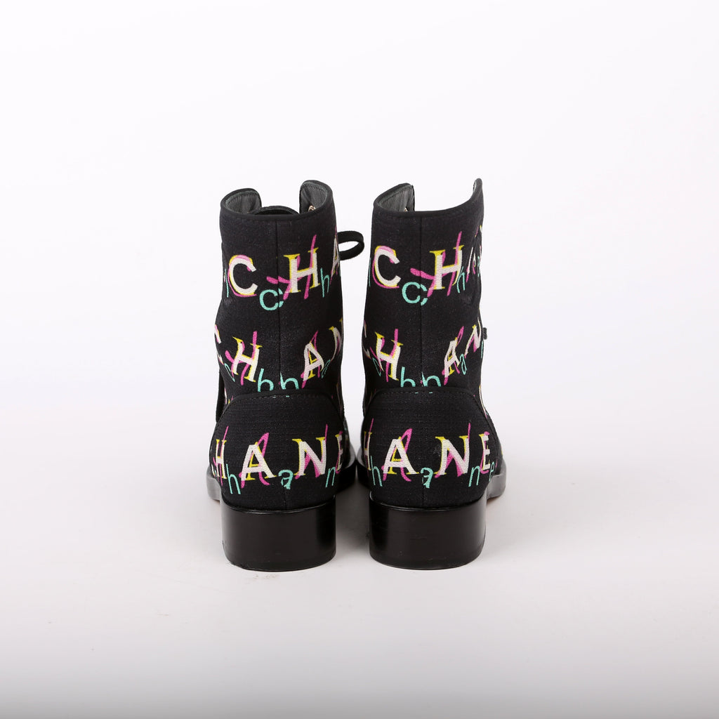 Tweed Logo Lace-Up Boots Size 37.5 Black/Multicolor