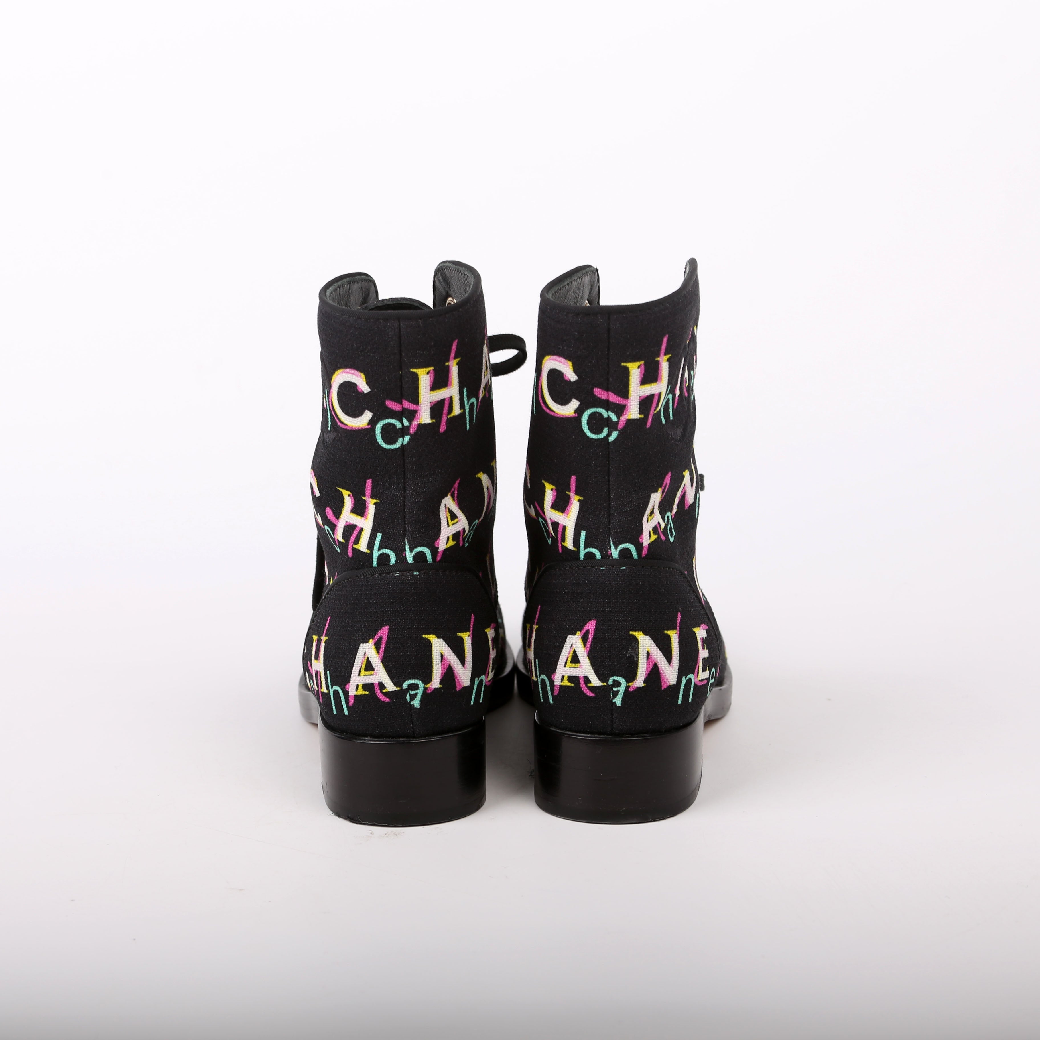 Tweed Logo Lace-Up Boots Size 37.5 Black/Multicolor