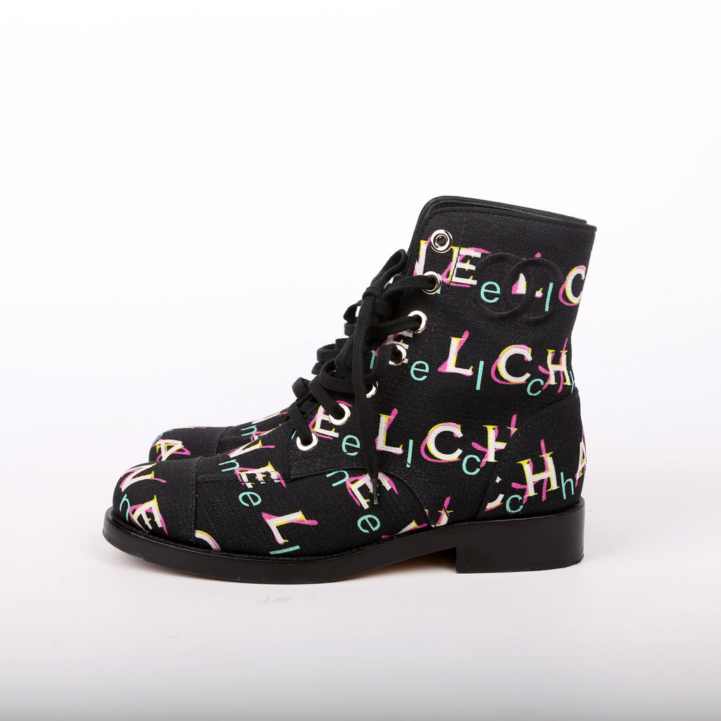 Tweed Logo Lace-Up Boots Size 37.5 Black/Multicolor