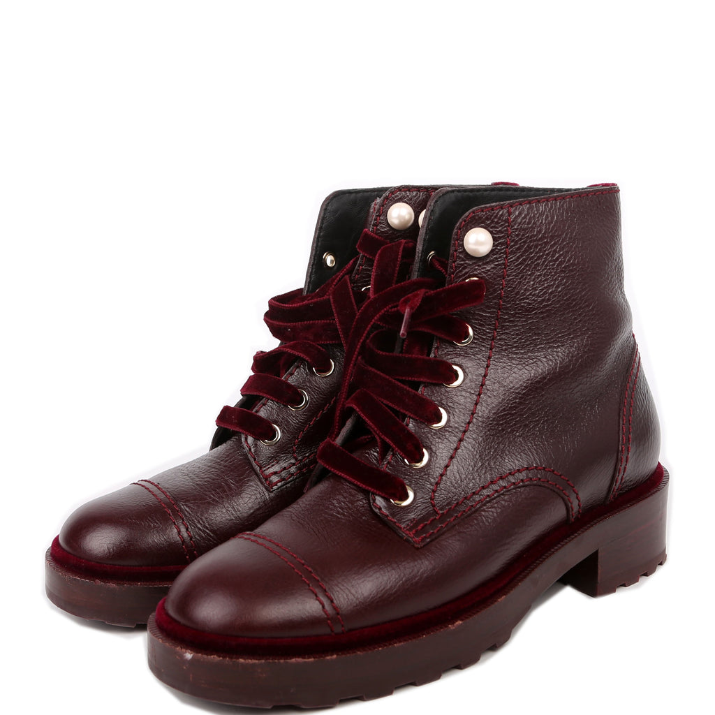 CC Calfskin/Velvet Pearl Combat Boots Size 38 Burgundy