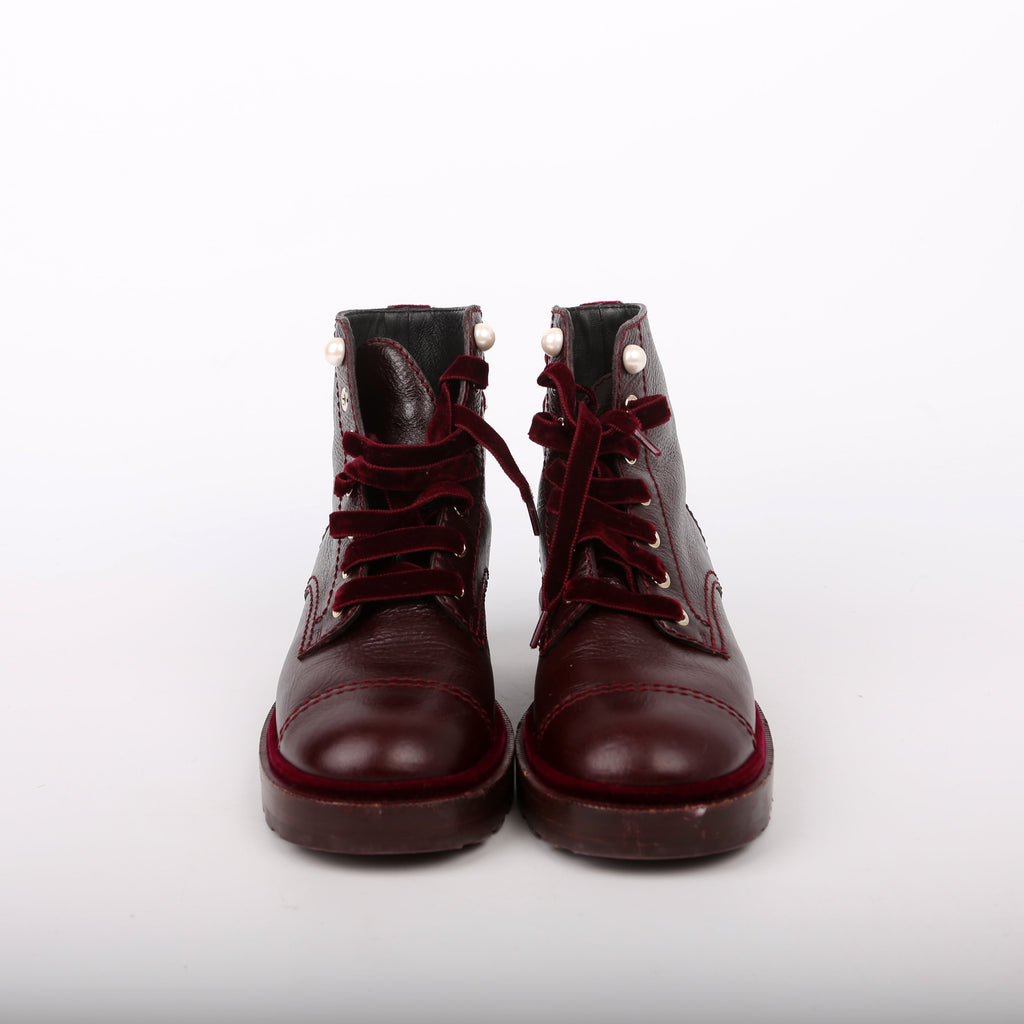 CC Calfskin/Velvet Pearl Combat Boots Size 38 Burgundy