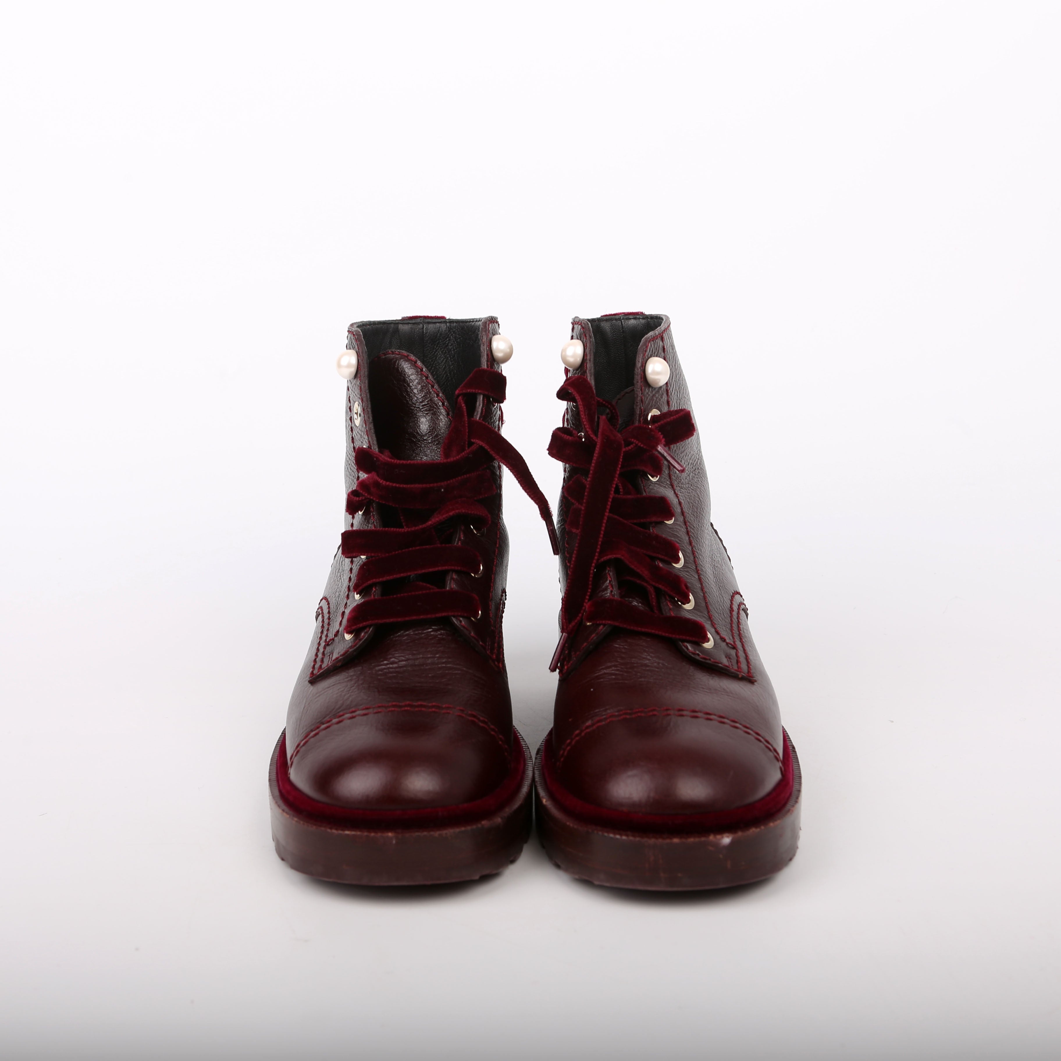 CC Calfskin/Velvet Pearl Combat Boots Size 38 Burgundy