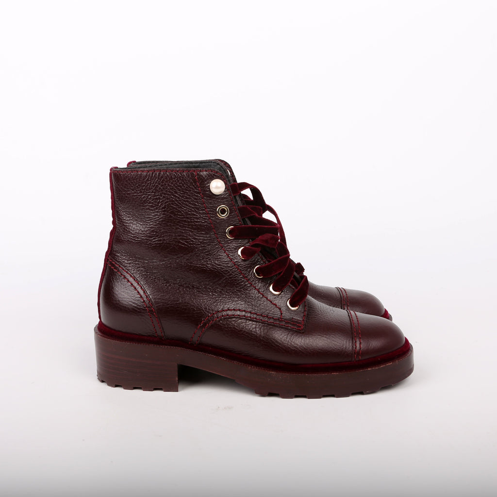 CC Calfskin/Velvet Pearl Combat Boots Size 38 Burgundy