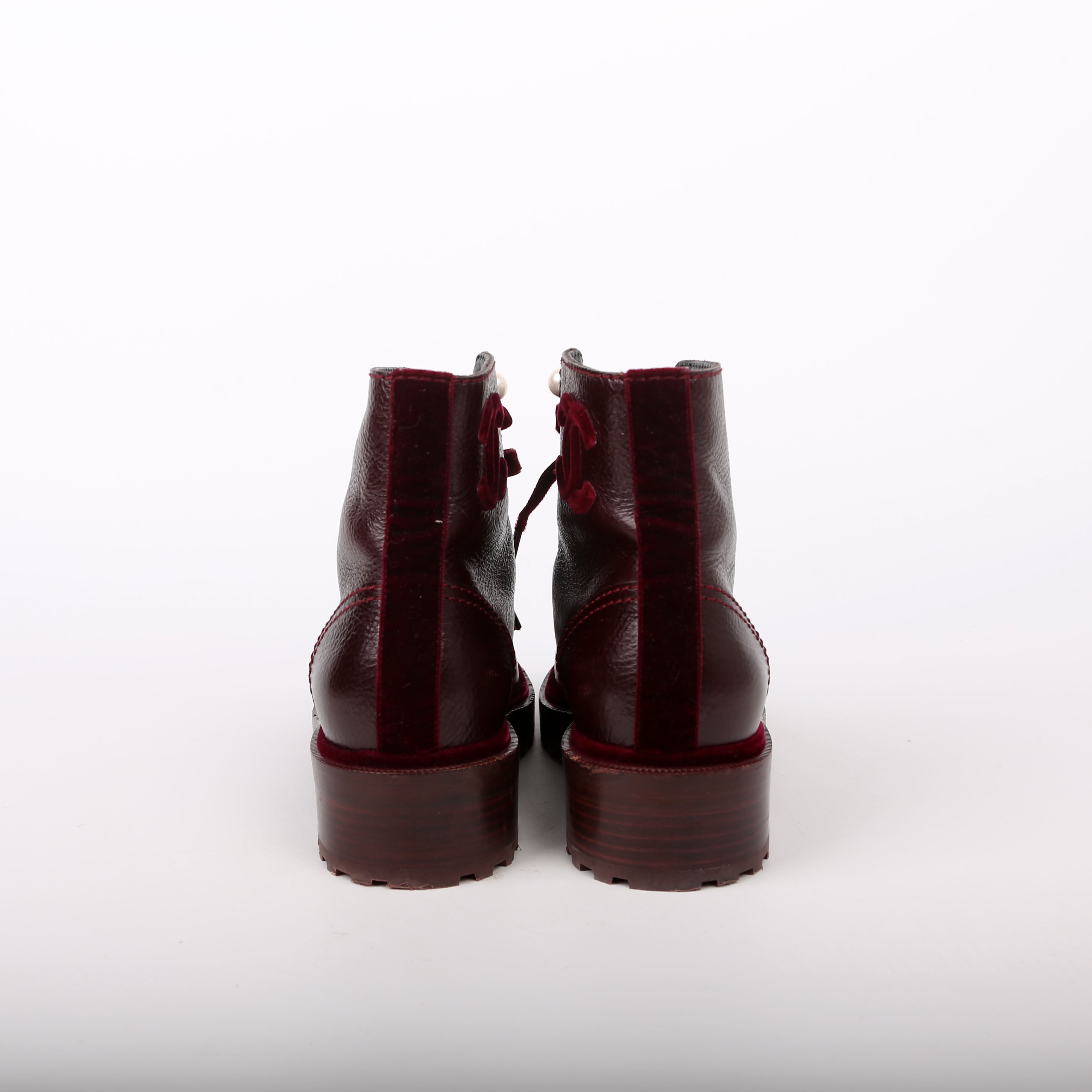 CC Calfskin/Velvet Pearl Combat Boots Size 38 Burgundy