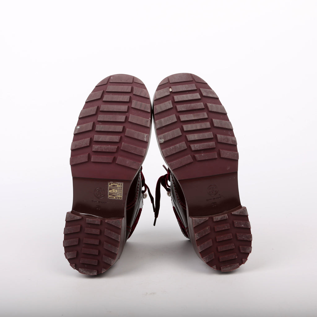CC Calfskin/Velvet Pearl Combat Boots Size 38 Burgundy