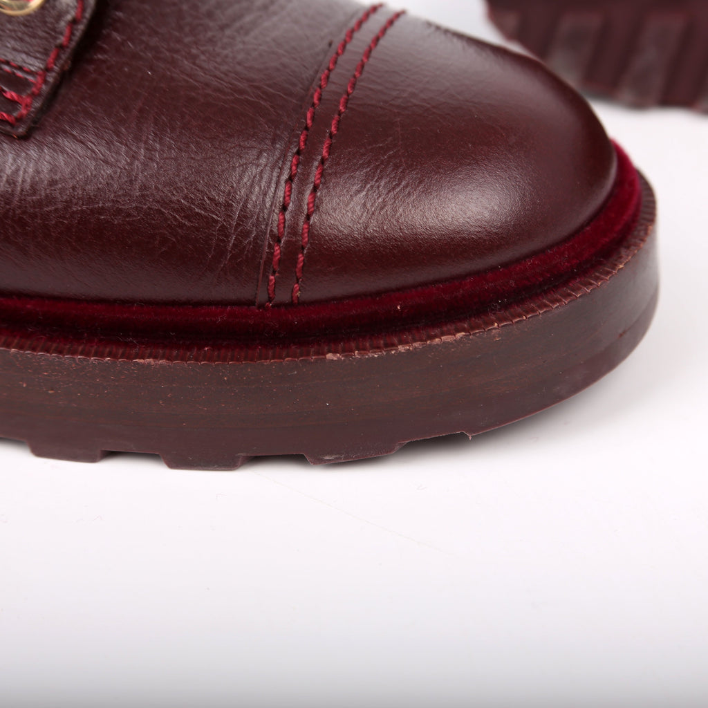 CC Calfskin/Velvet Pearl Combat Boots Size 38 Burgundy