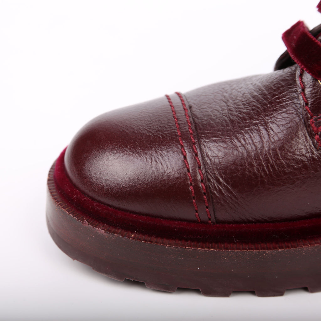 CC Calfskin/Velvet Pearl Combat Boots Size 38 Burgundy