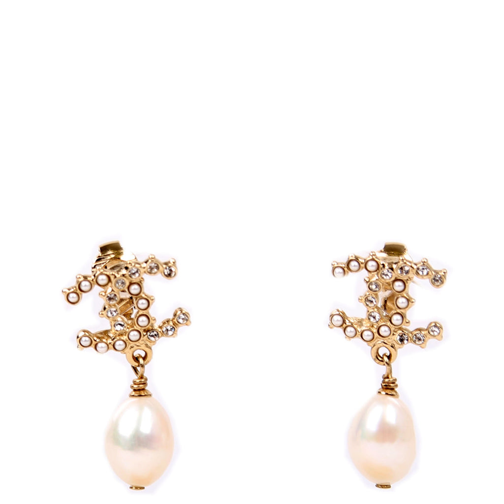 CC Pearl Drop Clip On Earrings Gold