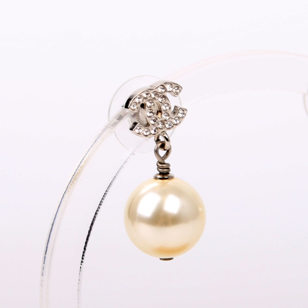 Crystal CC Pearl Drop Earrings Silver