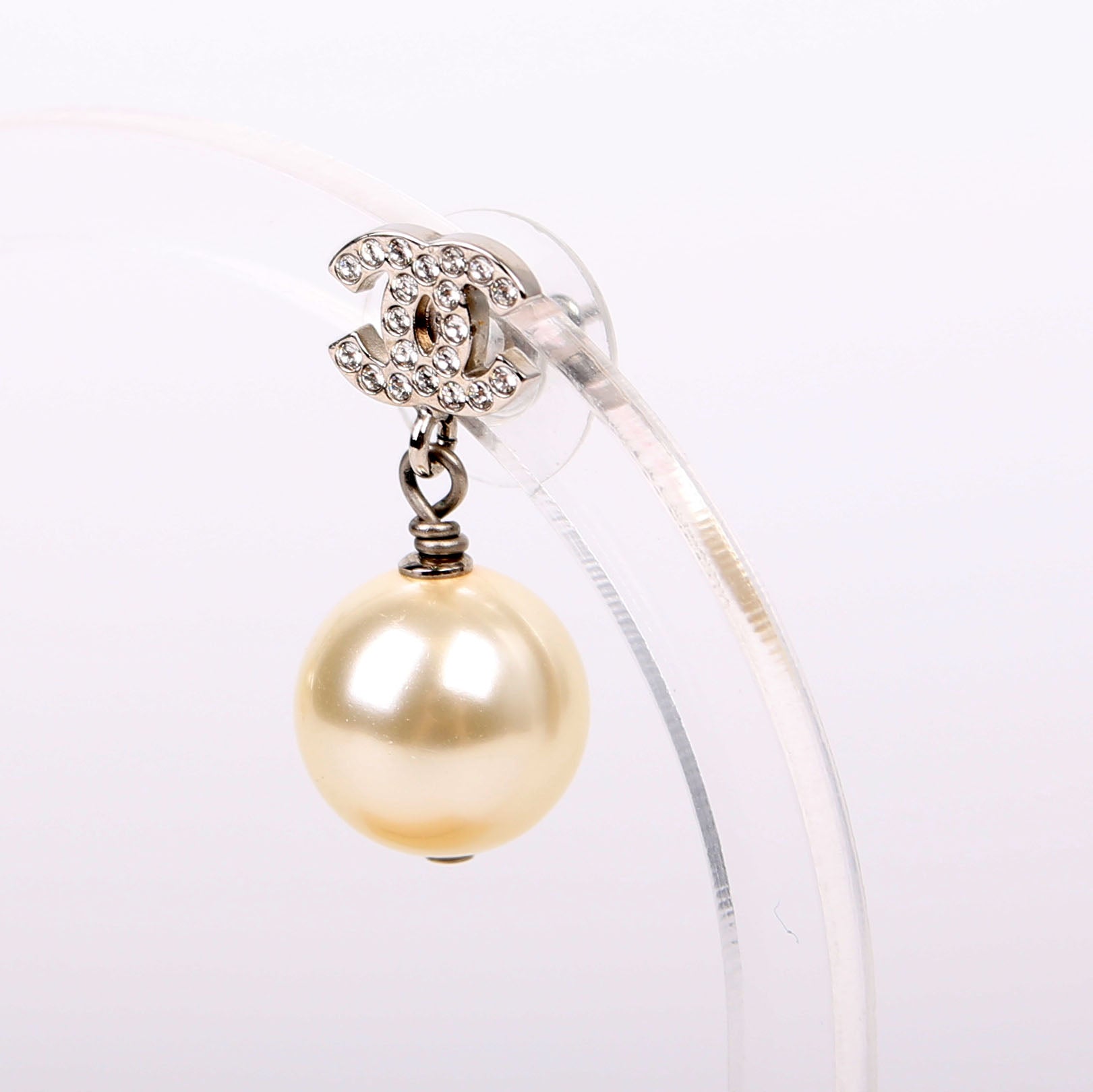Crystal CC Pearl Drop Earrings Silver