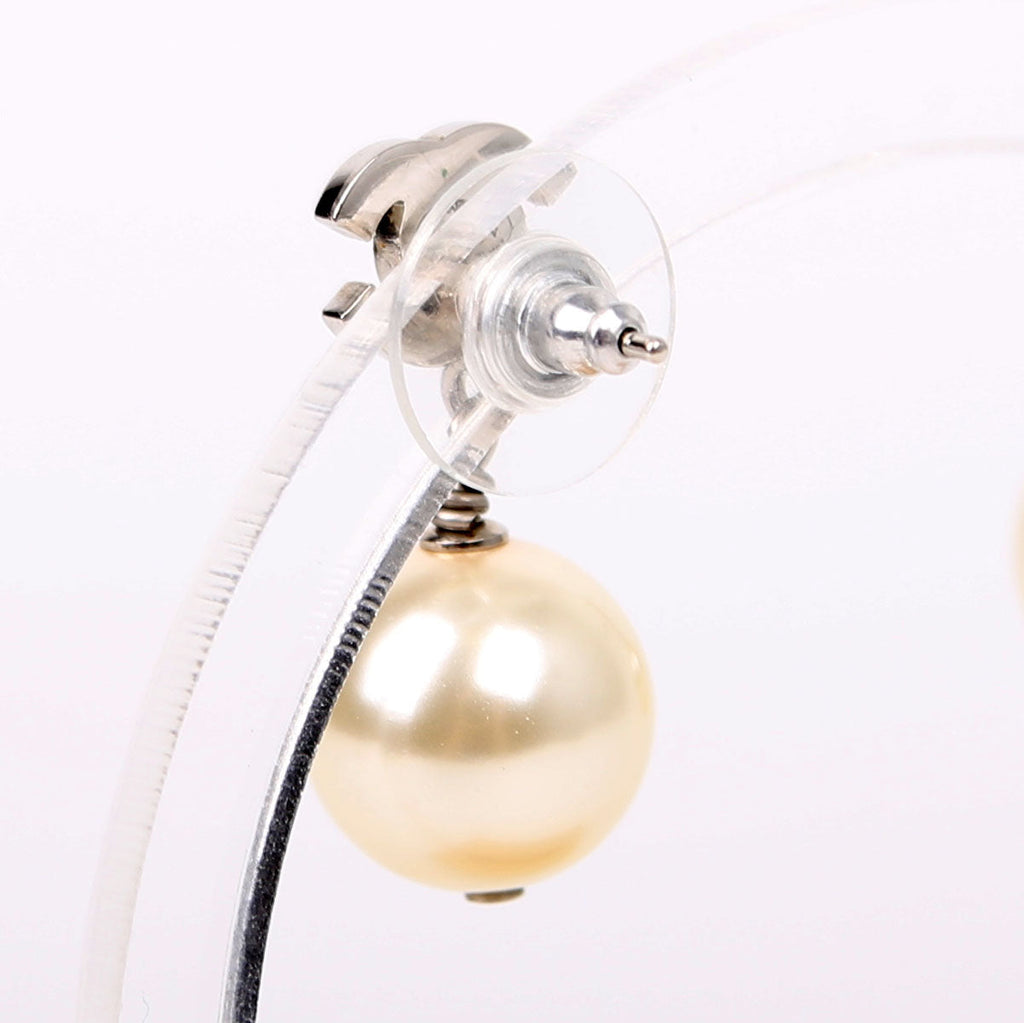 Crystal CC Pearl Drop Earrings Silver