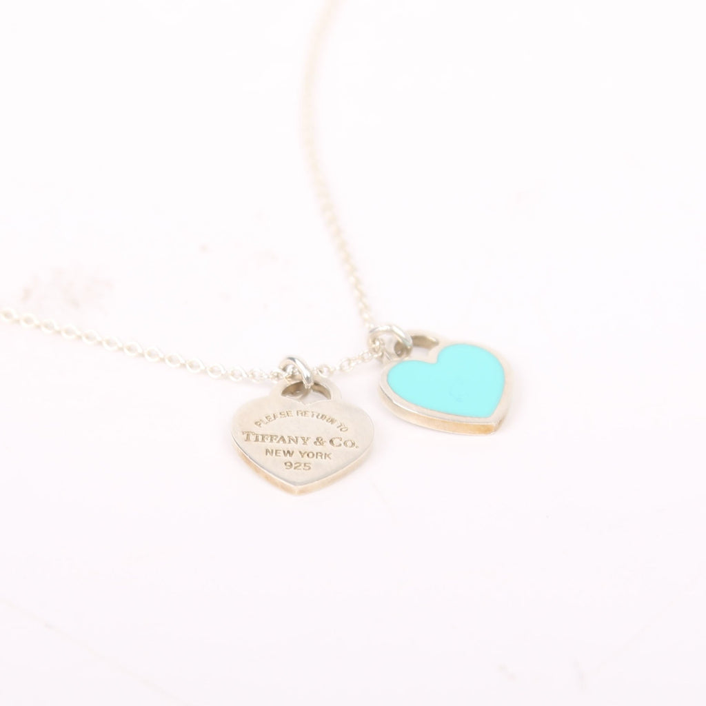 Please Return Mini Double Enamel Heart 925 Necklace Silver/Blue