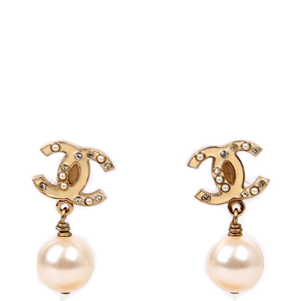 Enamel CC Pearl Drop Earrings Champagne