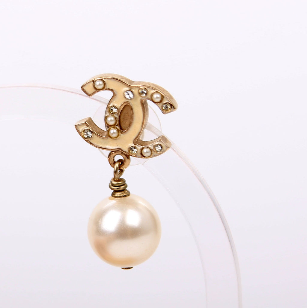 Enamel CC Pearl Drop Earrings Champagne