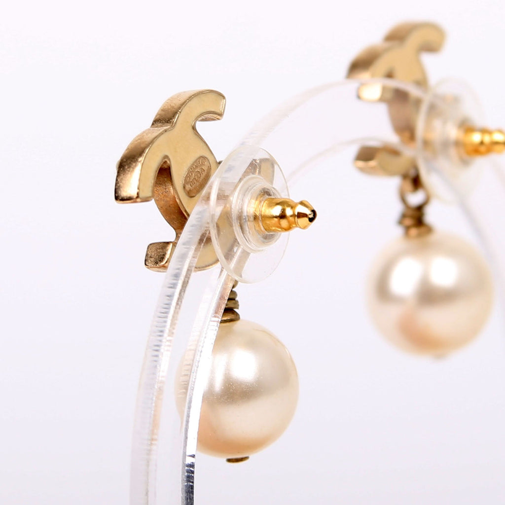 Enamel CC Pearl Drop Earrings Champagne