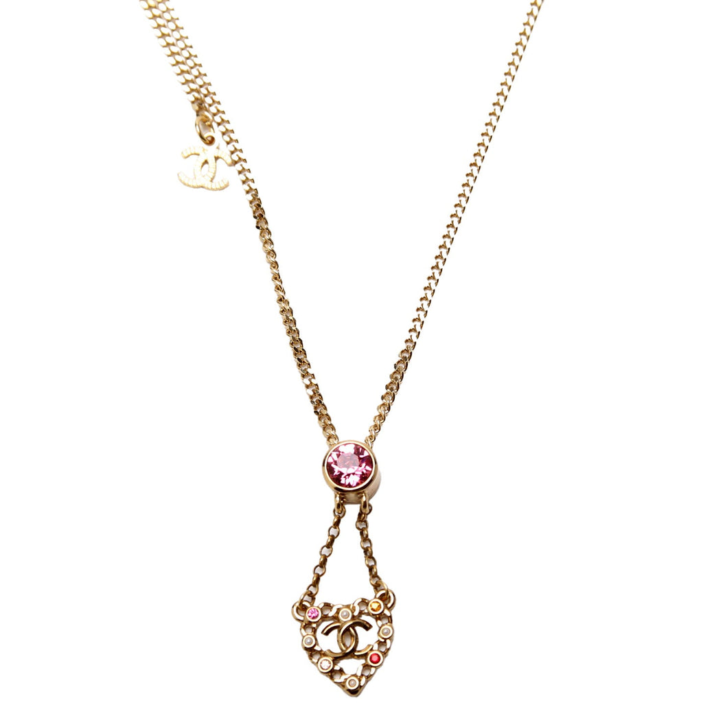 CC Pearl/Crystal Chain Link Heart Drop Necklace Gold/Pink