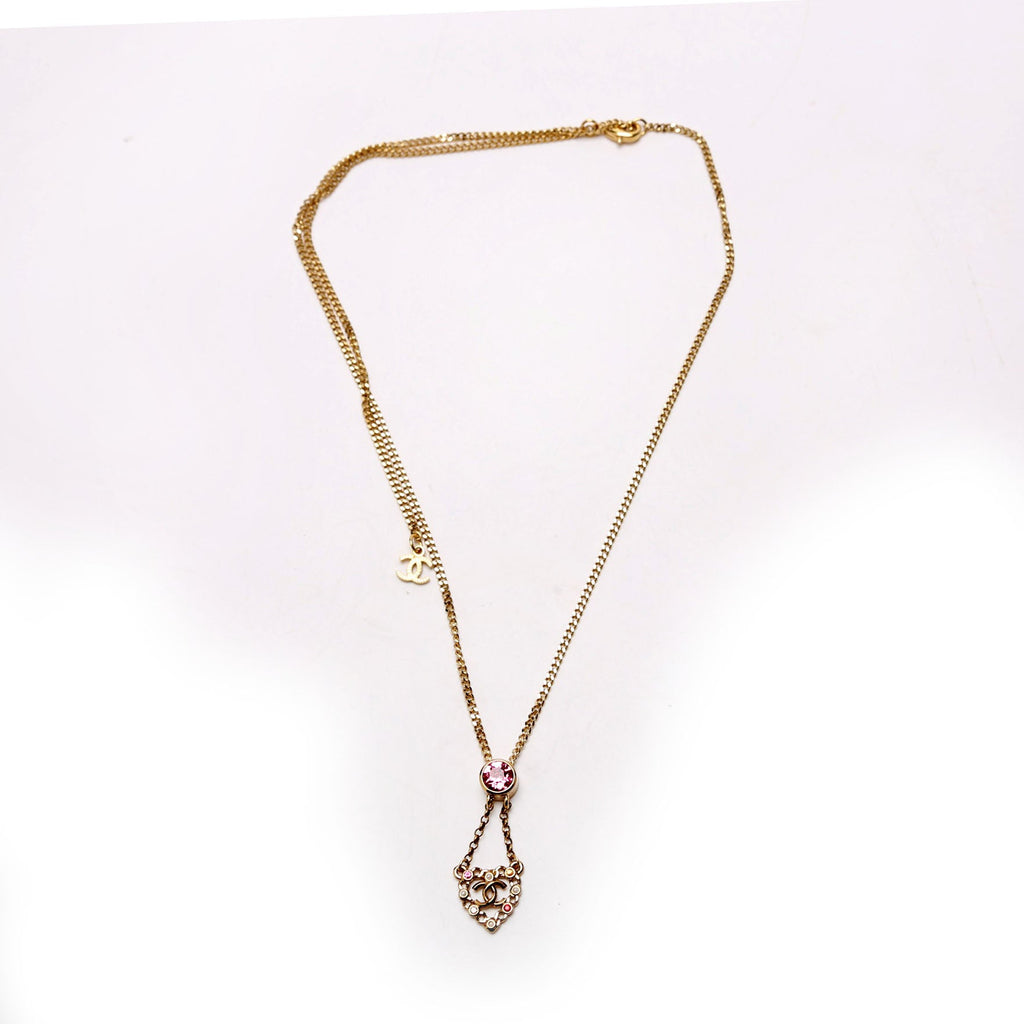 CC Pearl/Crystal Chain Link Heart Drop Necklace Gold/Pink