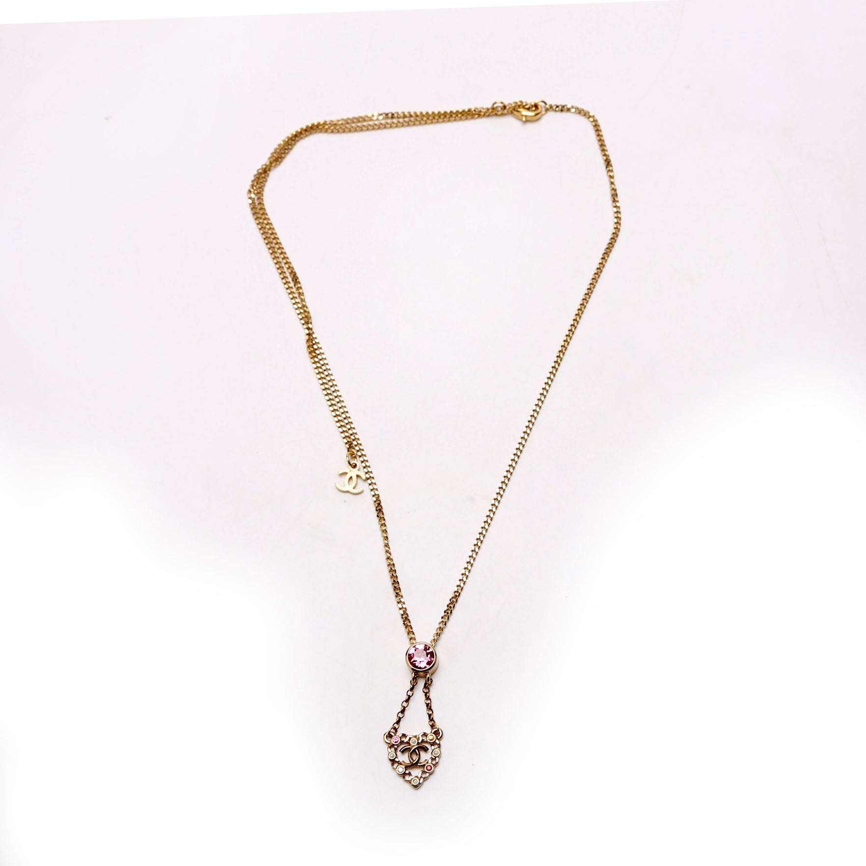CC Pearl/Crystal Chain Link Heart Drop Necklace Gold/Pink