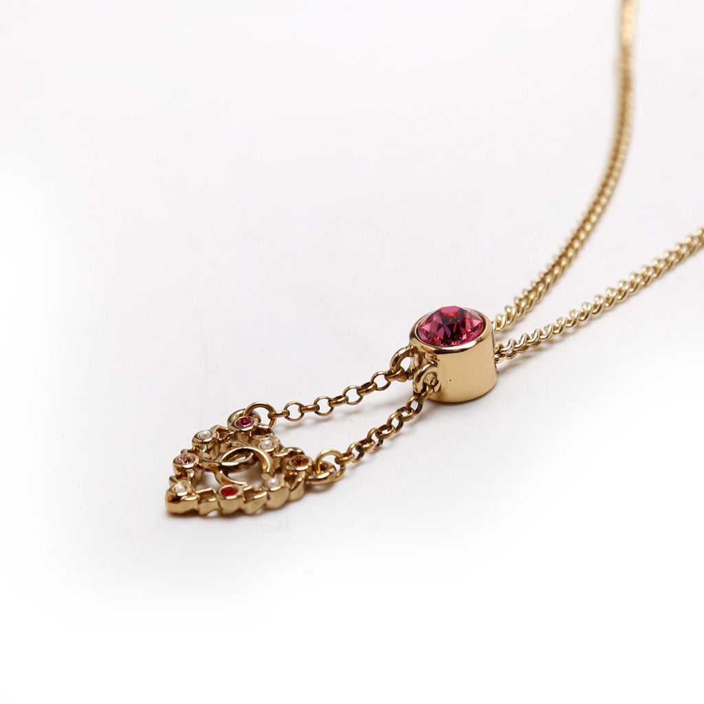 CC Pearl/Crystal Chain Link Heart Drop Necklace Gold/Pink