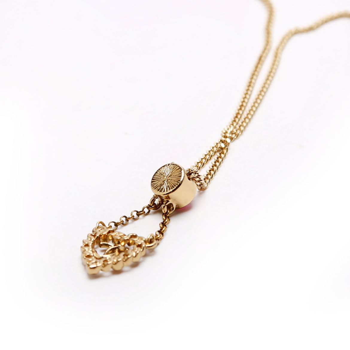 CC Pearl/Crystal Chain Link Heart Drop Necklace Gold/Pink